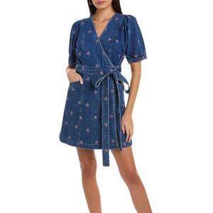 Draper James Wrap Dress Women Size 8 Blue Denim Chambray Embroidered Pockets